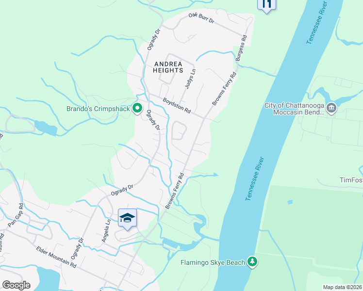 map of restaurants, bars, coffee shops, grocery stores, and more near 1105 Browns Ferry Road in Chattanooga