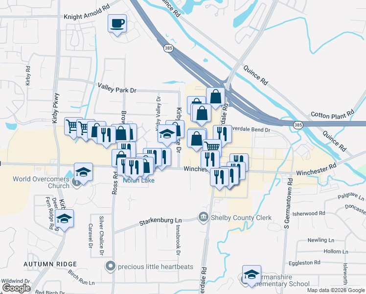 map of restaurants, bars, coffee shops, grocery stores, and more near 3595 Kirby Terrace Drive in Memphis