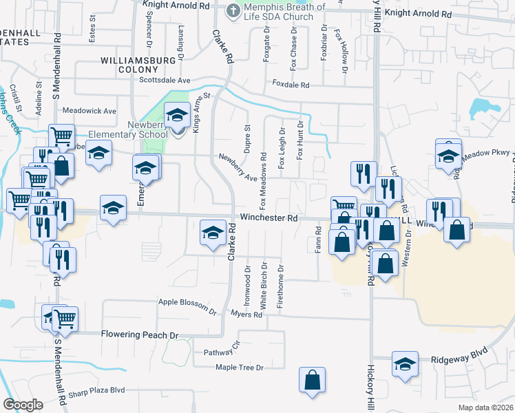 map of restaurants, bars, coffee shops, grocery stores, and more near 5680 Winchester Road in Memphis