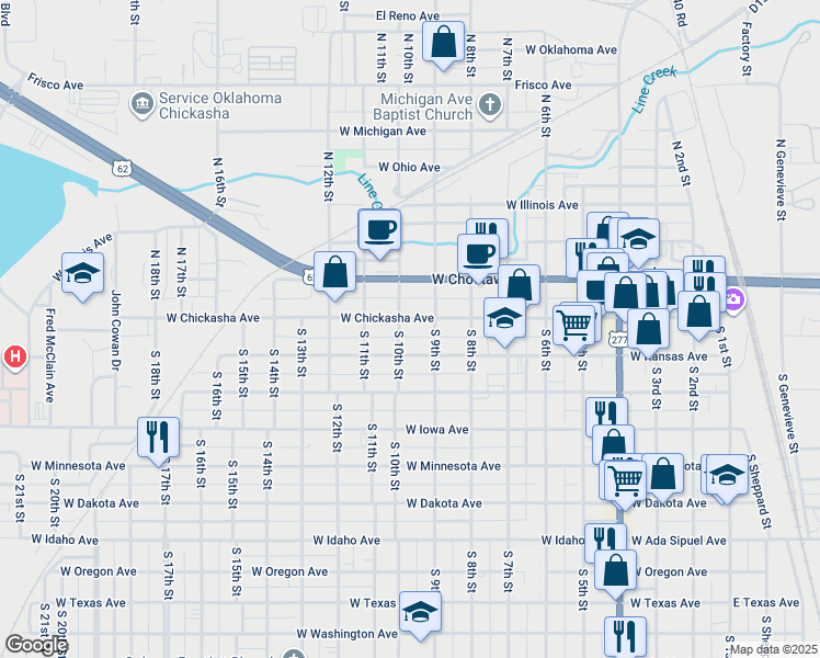 map of restaurants, bars, coffee shops, grocery stores, and more near 1002 West Kansas Avenue in Chickasha