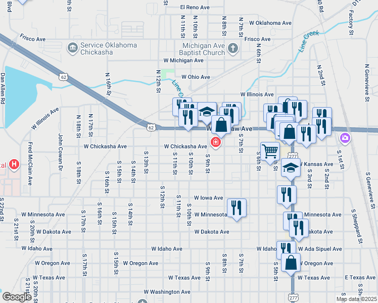map of restaurants, bars, coffee shops, grocery stores, and more near 1002 West Kansas Avenue in Chickasha