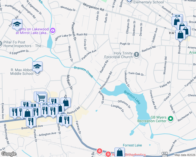 map of restaurants, bars, coffee shops, grocery stores, and more near Raeford Road in Fayetteville