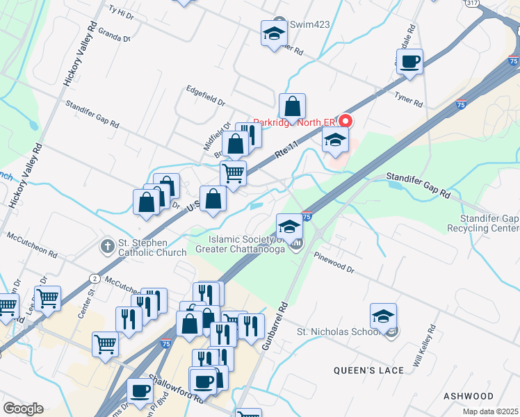 map of restaurants, bars, coffee shops, grocery stores, and more near 7310 Standifer Gap Road in Chattanooga