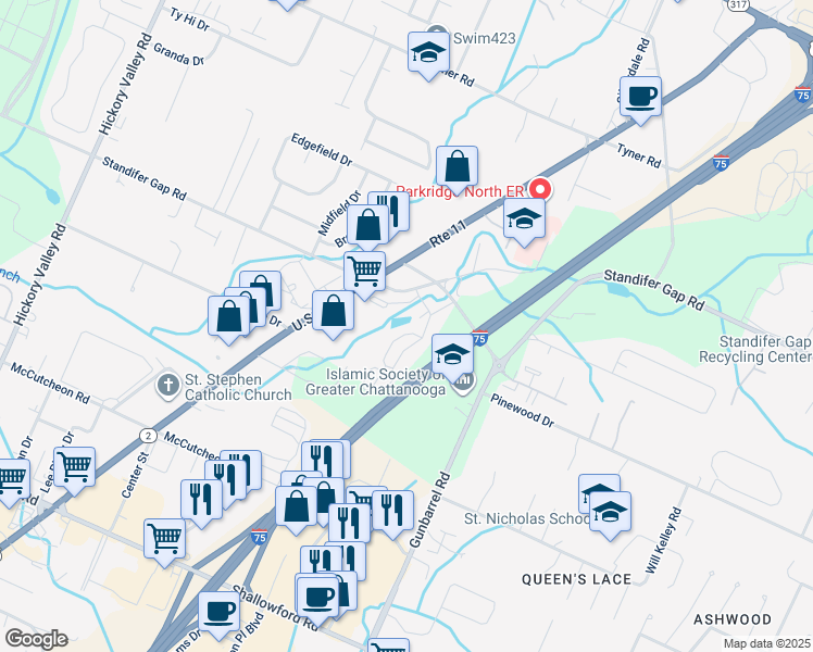map of restaurants, bars, coffee shops, grocery stores, and more near 7310 Standifer Gap Road in Chattanooga
