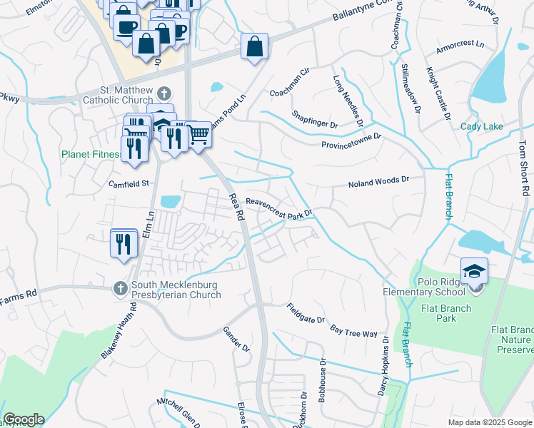 map of restaurants, bars, coffee shops, grocery stores, and more near 8005 Flanders Street in Charlotte