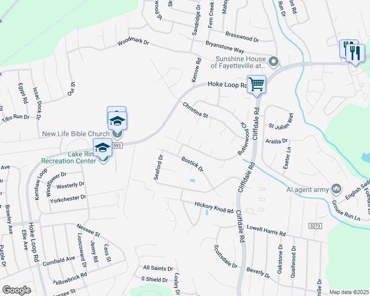 map of restaurants, bars, coffee shops, grocery stores, and more near 1351 Butterwood Circle in Fayetteville