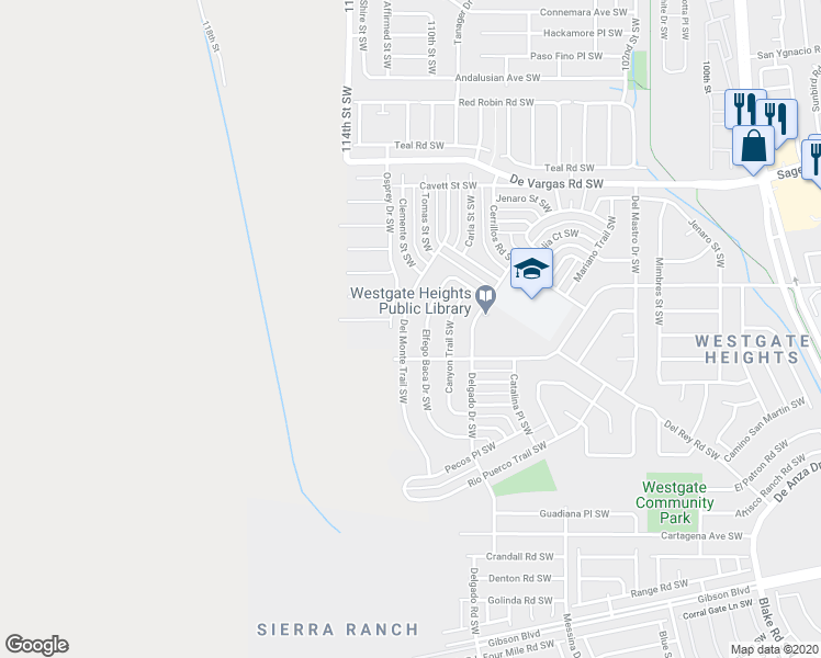 map of restaurants, bars, coffee shops, grocery stores, and more near 1316 Del Monte Trail Southwest in Albuquerque