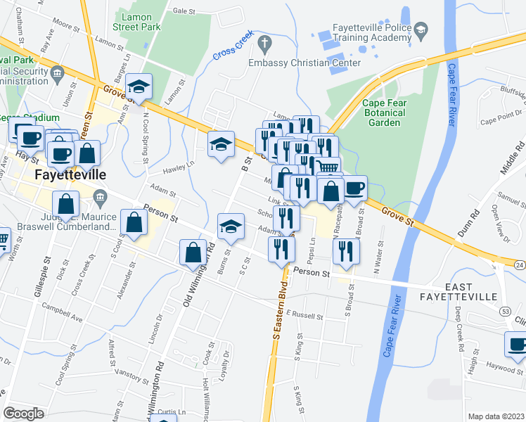 map of restaurants, bars, coffee shops, grocery stores, and more near 527 School Street in Fayetteville