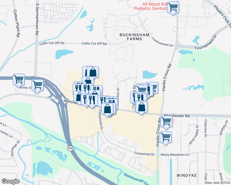 map of restaurants, bars, coffee shops, grocery stores, and more near 7833 Winward Ln in Memphis