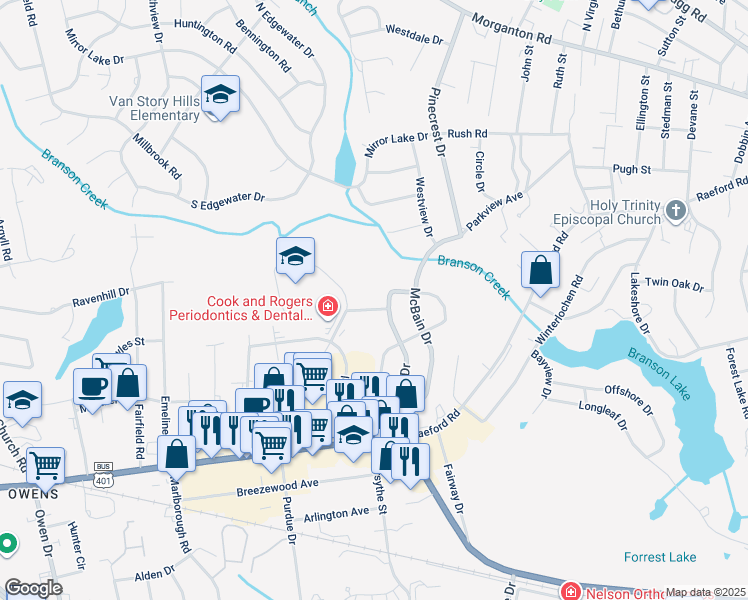 map of restaurants, bars, coffee shops, grocery stores, and more near 2692 Brigadoon Lane in Fayetteville