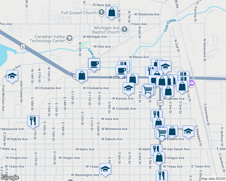 map of restaurants, bars, coffee shops, grocery stores, and more near 117 South 9th Street in Chickasha