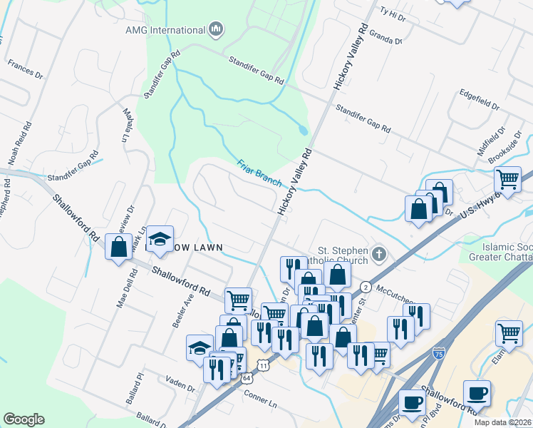 map of restaurants, bars, coffee shops, grocery stores, and more near 2416 Hickory Valley Road in Chattanooga
