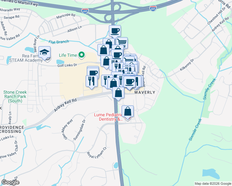 map of restaurants, bars, coffee shops, grocery stores, and more near 11701 Providence Road in Charlotte