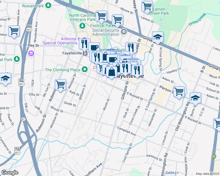 map of restaurants, bars, coffee shops, grocery stores, and more near 201-287 Worth Street in Fayetteville