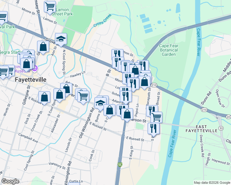 map of restaurants, bars, coffee shops, grocery stores, and more near 527 School Street in Fayetteville
