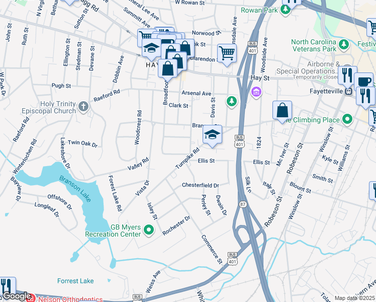 map of restaurants, bars, coffee shops, grocery stores, and more near 1018 Ellis Street in Fayetteville