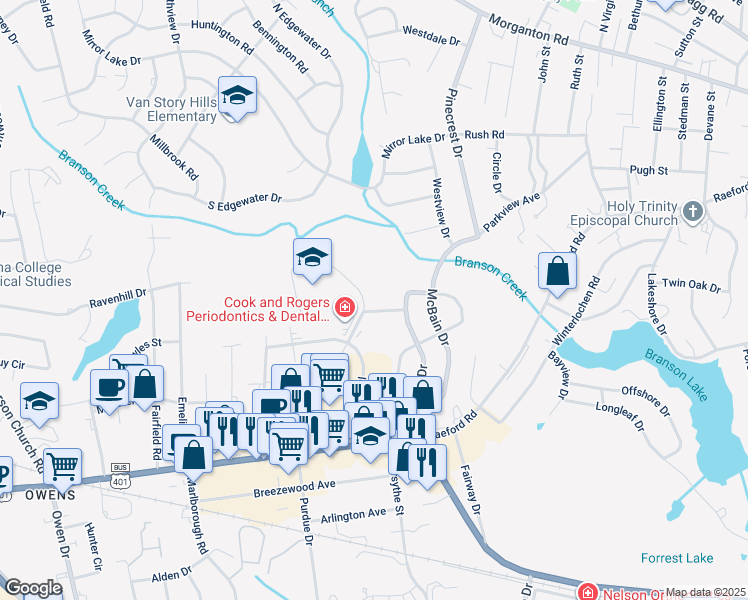 map of restaurants, bars, coffee shops, grocery stores, and more near 2696 Brigadoon Lane in Fayetteville