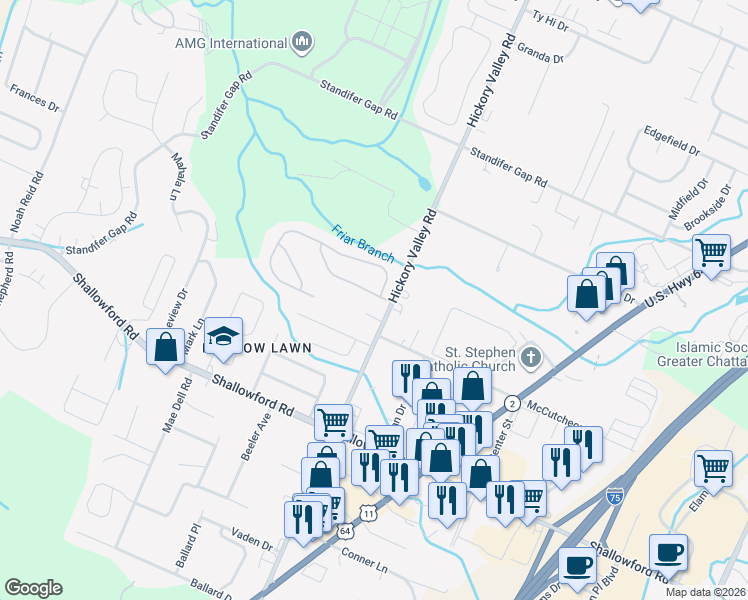 map of restaurants, bars, coffee shops, grocery stores, and more near 2416 Hickory Valley Road in Chattanooga