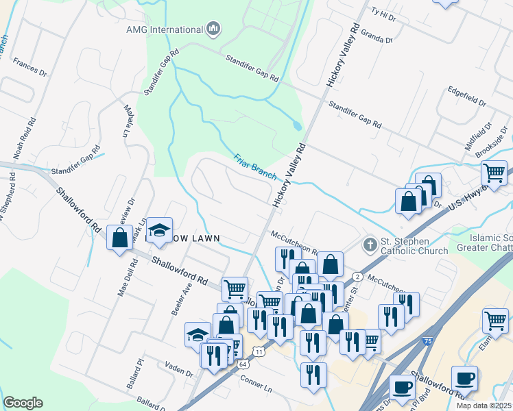 map of restaurants, bars, coffee shops, grocery stores, and more near 2409 Hickory Valley Road in Chattanooga