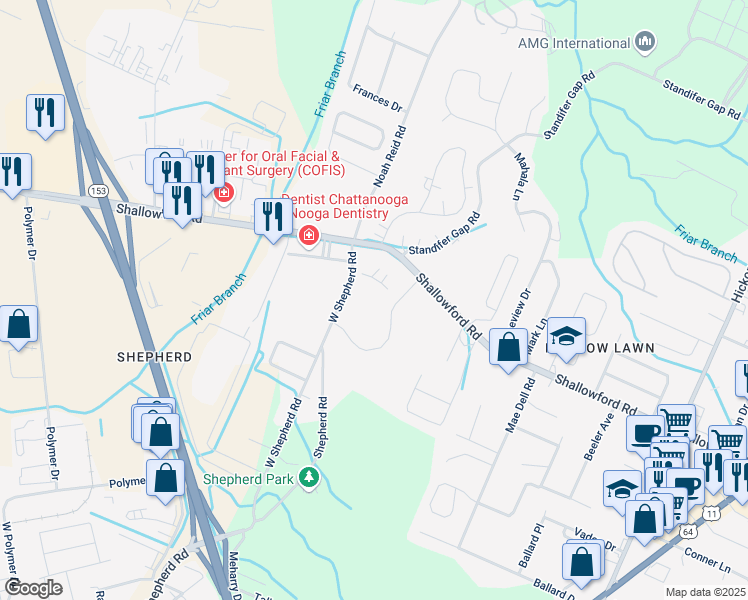 map of restaurants, bars, coffee shops, grocery stores, and more near 6220 Shallowford Road in Chattanooga