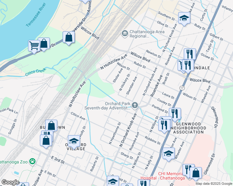 map of restaurants, bars, coffee shops, grocery stores, and more near 1710 Portland Street in Chattanooga