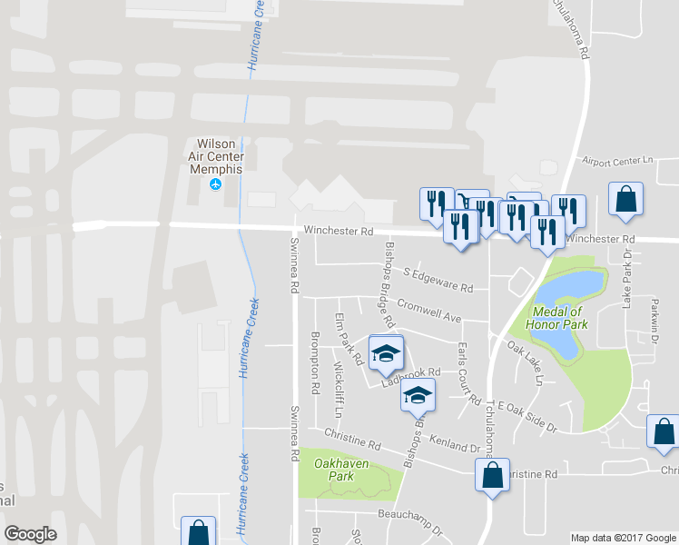 map of restaurants, bars, coffee shops, grocery stores, and more near 3047 South Edgeware Road in Memphis