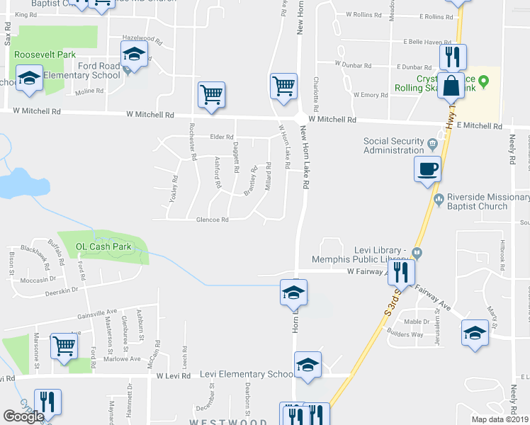 map of restaurants, bars, coffee shops, grocery stores, and more near 3588 Millard Road in Memphis