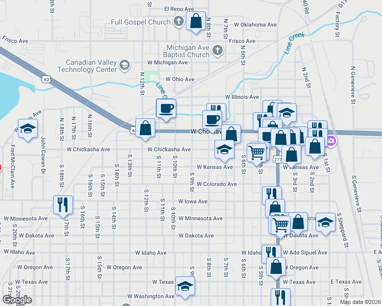 map of restaurants, bars, coffee shops, grocery stores, and more near 117 South 9th Street in Chickasha