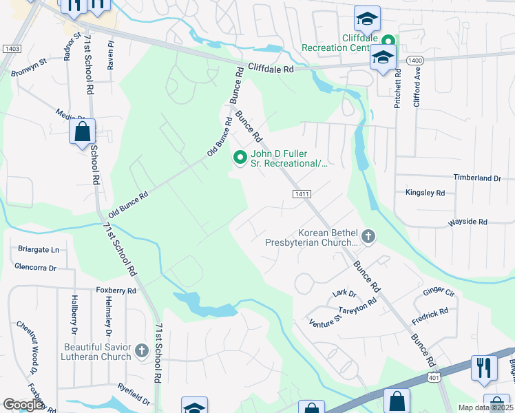 map of restaurants, bars, coffee shops, grocery stores, and more near 6528 Saint Louis Street in Fayetteville
