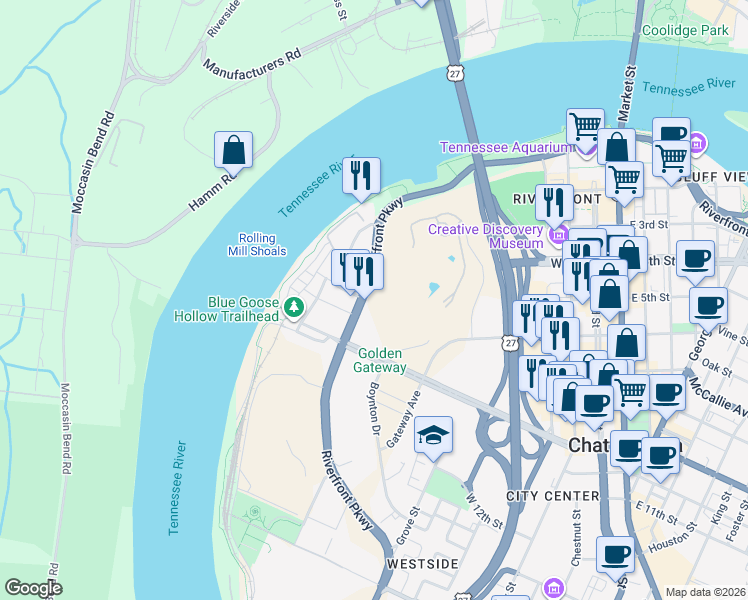 map of restaurants, bars, coffee shops, grocery stores, and more near 782 Riverfront Parkway in Chattanooga