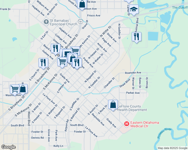 map of restaurants, bars, coffee shops, grocery stores, and more near 600 Clayton Avenue in Poteau