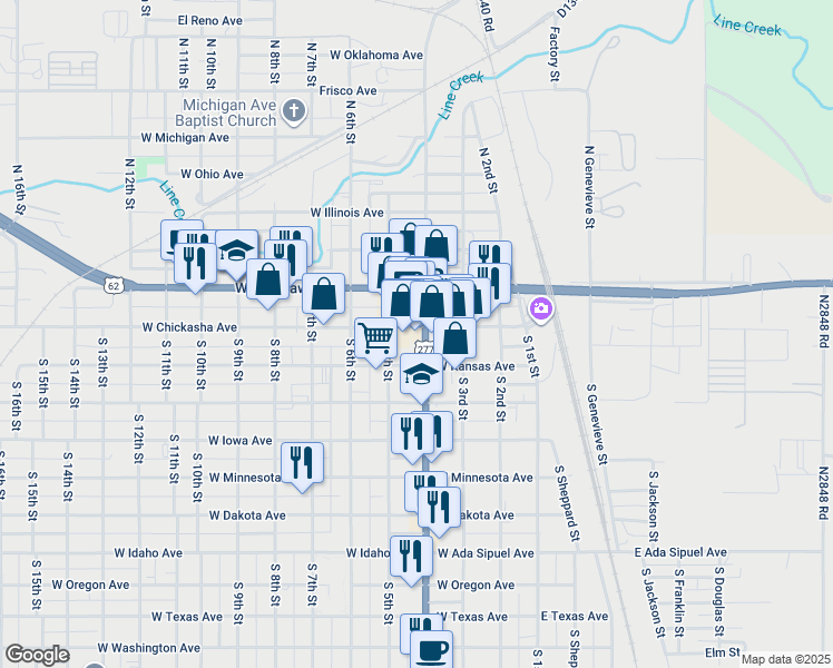 map of restaurants, bars, coffee shops, grocery stores, and more near 425 West Kansas Avenue in Chickasha