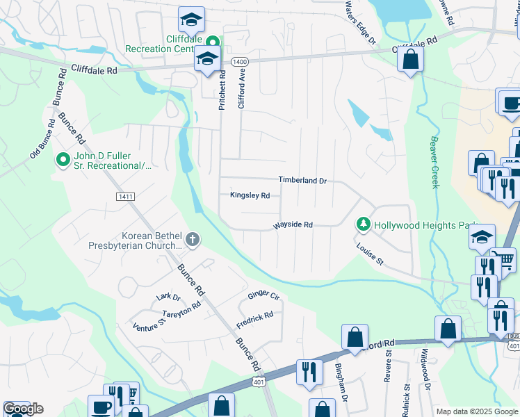 map of restaurants, bars, coffee shops, grocery stores, and more near 1032 Crayton Circle in Fayetteville