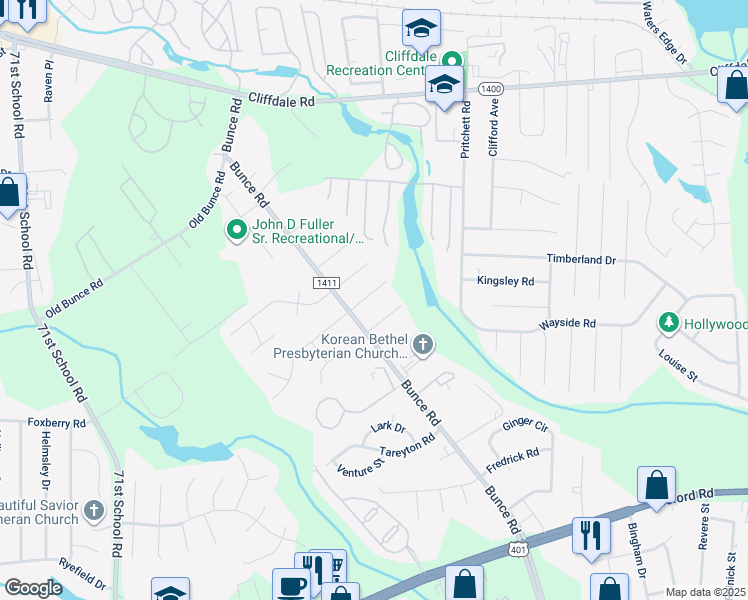 map of restaurants, bars, coffee shops, grocery stores, and more near 6493 Portsmouth Drive in Fayetteville