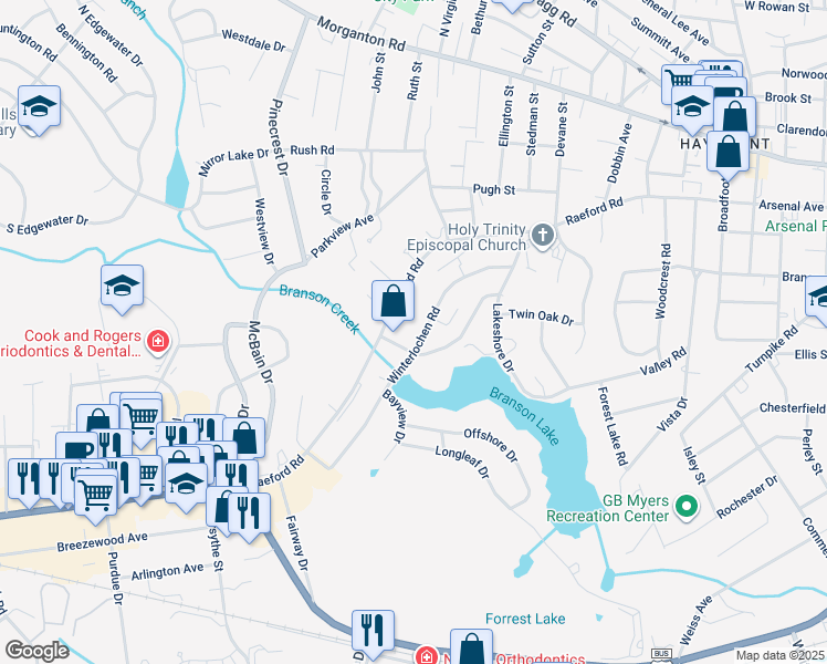 map of restaurants, bars, coffee shops, grocery stores, and more near 2016 Winterlochen Road in Fayetteville