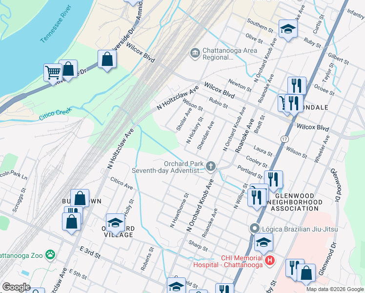 map of restaurants, bars, coffee shops, grocery stores, and more near 1710 Portland Street in Chattanooga