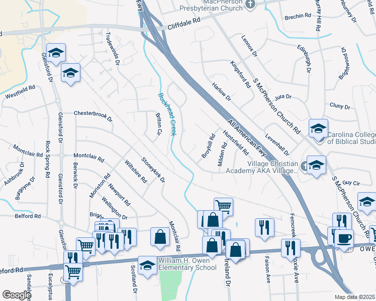 map of restaurants, bars, coffee shops, grocery stores, and more near 4338 Ferncreek Drive in Fayetteville
