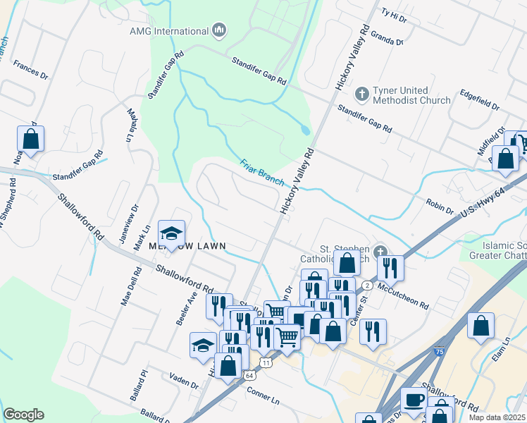 map of restaurants, bars, coffee shops, grocery stores, and more near 2409 Hickory Valley Road in Chattanooga