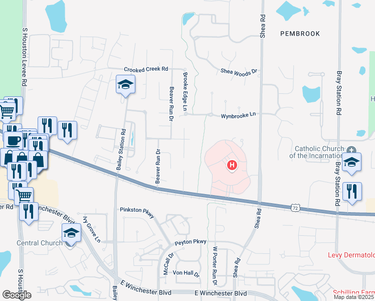 map of restaurants, bars, coffee shops, grocery stores, and more near 3610 Waterford Cove South in Collierville