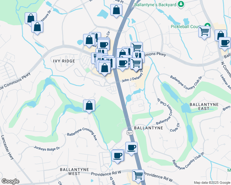 map of restaurants, bars, coffee shops, grocery stores, and more near 10323 Winslet Drive in Charlotte