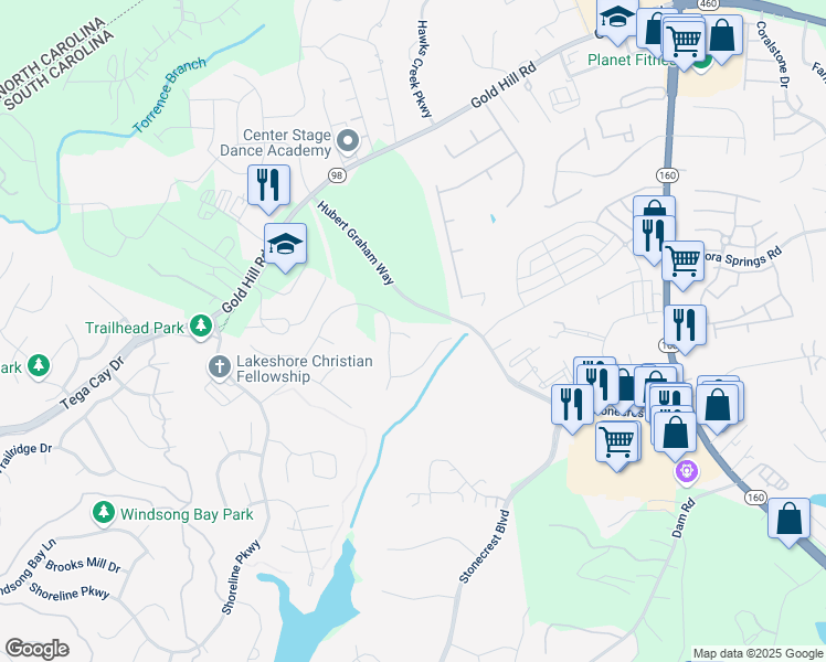 map of restaurants, bars, coffee shops, grocery stores, and more near 1531 Peak Court in Tega Cay