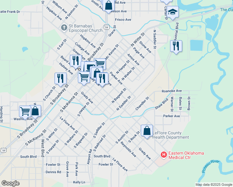 map of restaurants, bars, coffee shops, grocery stores, and more near 600 Clayton Avenue in Poteau