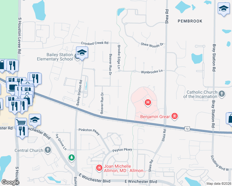 map of restaurants, bars, coffee shops, grocery stores, and more near 3610 Otter Creek Cove in Collierville
