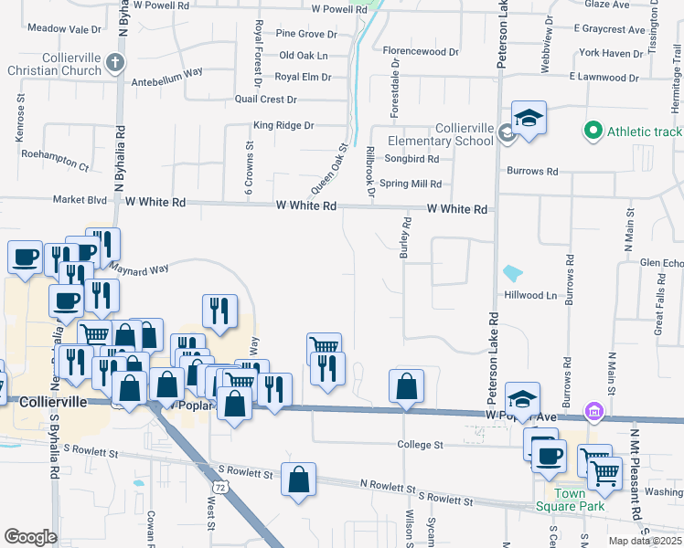 map of restaurants, bars, coffee shops, grocery stores, and more near 401 Magpie Road in Collierville
