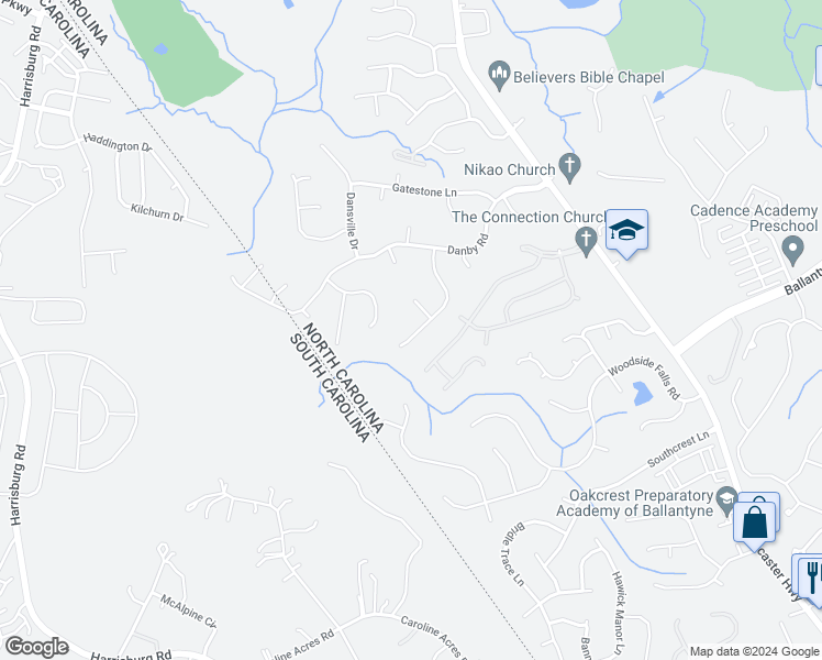 map of restaurants, bars, coffee shops, grocery stores, and more near 14020 Eden Court in Pineville