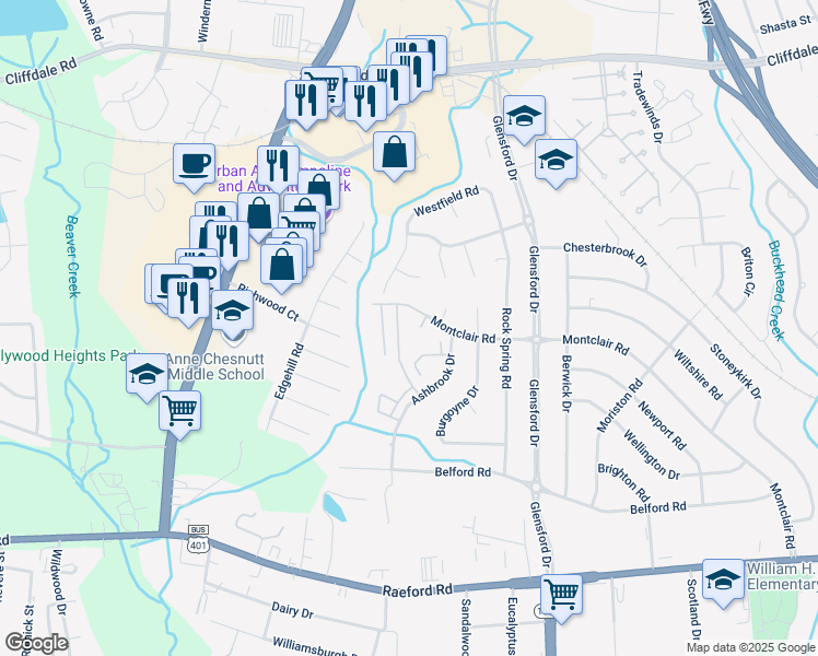 map of restaurants, bars, coffee shops, grocery stores, and more near 608 Brittany Place in Fayetteville