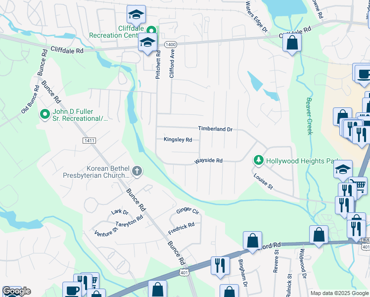 map of restaurants, bars, coffee shops, grocery stores, and more near 1032 Crayton Circle in Fayetteville