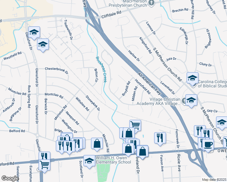 map of restaurants, bars, coffee shops, grocery stores, and more near 4338 Ferncreek Drive in Fayetteville