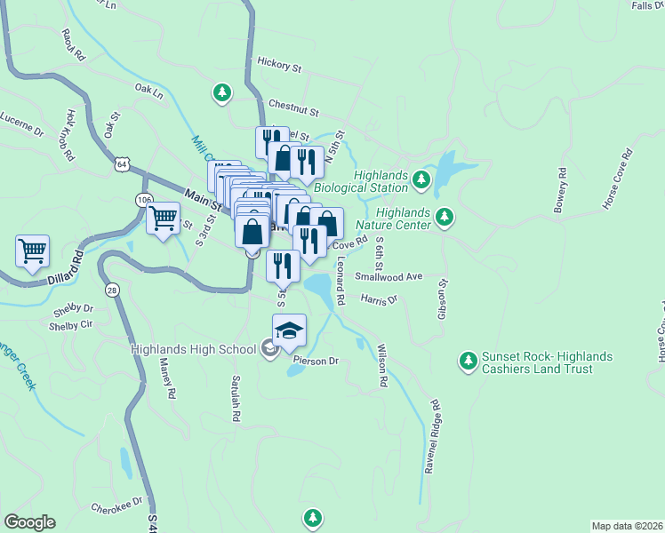 map of restaurants, bars, coffee shops, grocery stores, and more near 1261 Leonard Road in Highlands