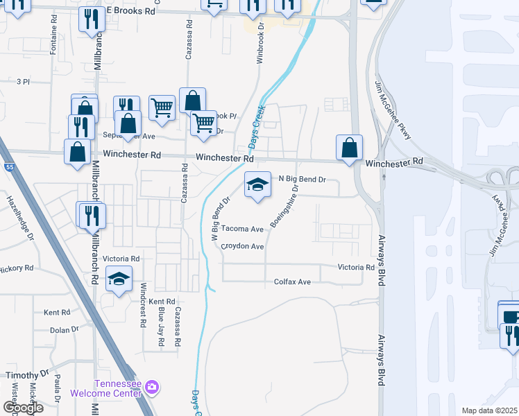 map of restaurants, bars, coffee shops, grocery stores, and more near 3587 Boeingshire Drive in Memphis